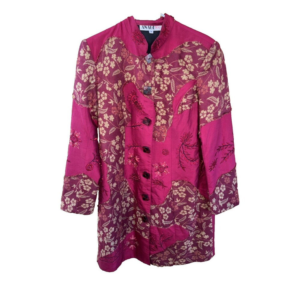 Anage Long Jacket M Women Red Embroidered Beads Sequins Button Up Pockets Lined